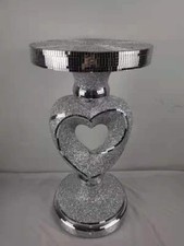 NEW SILVER HEART MIRRORED TABLE MODERN FLOWER STAND BED SIDE LAMP ROMANY MOSAIC