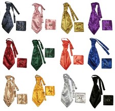 Adult Mens Satin Wedding Ruche Cravat Tie + handkerchief hanky +cuff links Set