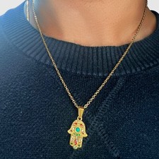 Hamsa Pendant Evil Eye Necklace 18k Gold 20” Chain Amulet Charm - Hand Of Fatima