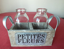 CUTE SMALL MILK BOTTLE STYLE GLASS VASES IN SHABBY CHIC WOODEN BOX WITH HANDLES