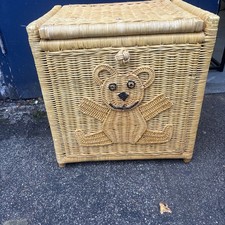Vintage Wicker Landry Basket Toy Basket Hamper With Teddy Bear Square 17x17x14”