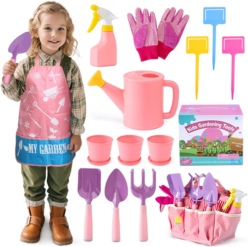 Kids pink gardening tools - gardening,