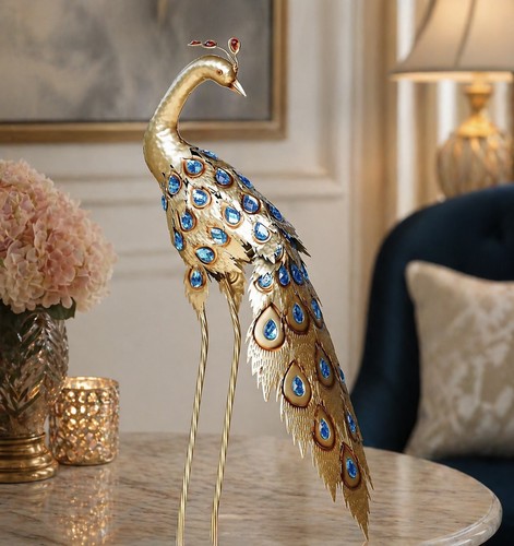 Gold peacock garden ornament - peacock,