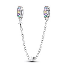 Colourful Pave Heart Safety Chain Charm S925 Sterling Silver Charm for Women