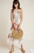 Farm Rio Anthropologie cream lace slip midi summer dress L 12 Lillith