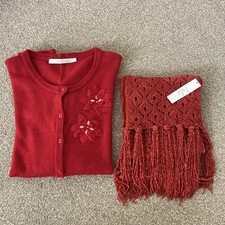 Isle EWM Red Beaded Embellished Cardigan. Size 22/24 & NWT Burnt Orange Scarf.