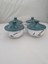 Denby Greenwheat Lidded Soup Bowls – Set of 4 Vintage Stoneware – Hand Painted 