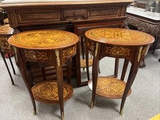 Pair Oval Marquetry Bedside Lamp Side Tables with Drawer & Ormolu Kingwood
