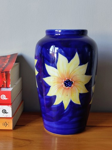 Blue ceramic vase yellow - blue, vase,