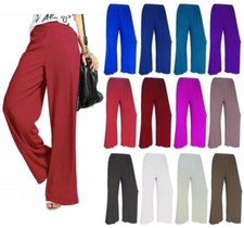 Womens Ladies Plus Size Plain Palazzo Wide Leg Flared Trousers Pants UK 8 TO 26