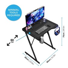 Gaming Desk PC Computer Workstation Carbon Table w/ Headphone Hook & Cup Holder