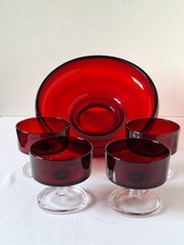 Vintage Large Ruby Red Glass Fruit Bowl +4 Luminarc French Dessert Trifle Dishes