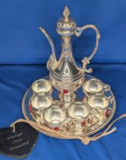 AFTABA DALLAH Middle Eastern TEA / COFFEE SET * 6 Cups with Tray * RED GEMS vgc