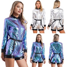 Womens Jumpsuit Stage Performance Bodysuit Adult Astronaut Costume Flight Shiny