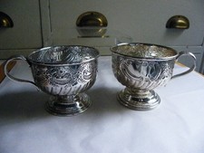 VINERS SHEFFIELD X2 PUNCH CUPS SILVER ALPHA PLATE CHASED VINTAGE CHRISTMAS CHEER