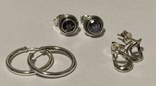 3x Sterling Silver Earrings, Sea Gems, Amethyst Studs & 1.8cm Hoops (4.65g)