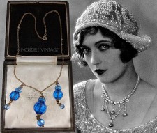 Antique Cornflower Blue Crystal Drops Necklace Edwardian Art Deco Bridal Jewelry