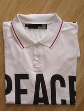 Mens 'PEACE LOVE MOSCHINO' Print L White Polo T-Shirt Top Large GENUINE Great