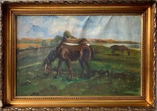 Oil Painting Landscape With Farmhouse And Horses By The Shore Antique Gold Frame