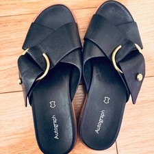 Autograph Black Leather Flat Sandals with a Gold-Tone Buckle Size 6 UK