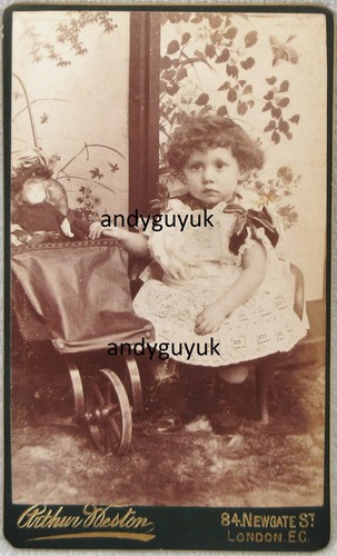 Cdv girl doll pram by - girl,