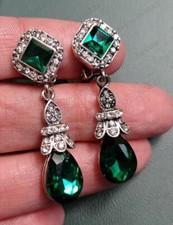 4cm CLIP ON Drop Dangle Earrings Vintage Silver Rhinestone Crystal Non Pierced