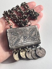 Vintage Antique Ottoman Silver Niello Amulet Pendant On Chain