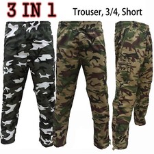 Mens 3 IN 1 Camouflage Combat Trousers Cargo Pants Shorts 3/4 Zip Off  S-XXL