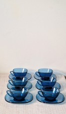 Stunning French Mid-century Vereco Blue Glass Tea Coffee Cups And Saucers x 6