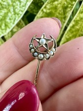 Antique Victorian 9ct Yellow Gold & Seed Pearl Crescent Moon & Star Stick Pin