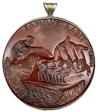 Roman Emperor With Chariot 4 Horse Vintage Agate Intaglio Carved Silver Pendant