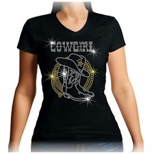 V neck Cowgirl Hat Boots Rhinestone t shirt - Line Dancing Ladies Listed 8-24
