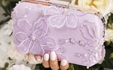 Purple Women Pearl Clutch Bag Sequined Evening Bag Wedding Chain Handbag