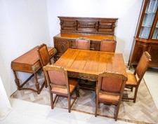 Antique Carved Oak Dining Suite – Table, 6 Chairs, Sideboard & Side Table C.19th