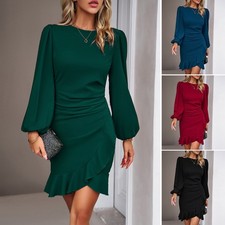 Ladies Long Sleeve Mini Dress Ruched Christmas Holiday Dresses Party Dresses UK