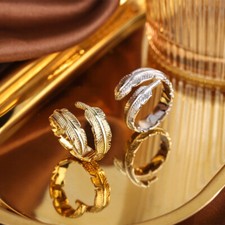 925 Sterling Silver Wing Feather Gold Adjustable Ring for Women and Men