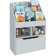 HOMCOM Kids Bookcase, Toy Box w/ Storage Drawer, Wheels for Bedroom - Grey