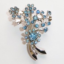 Vintage Style Brooch Flower Spray Bouquet Pastel Blue Glass Stones Silver Metal