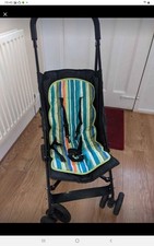 OBABY pushchair black with rain cover & green/blue stripey seat