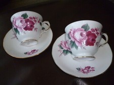 QUEEN ANNE ENG BONE CHINA "PINK ROSES" PATT NO. 8523 TEACUP & SAUCER DUO'S X 2