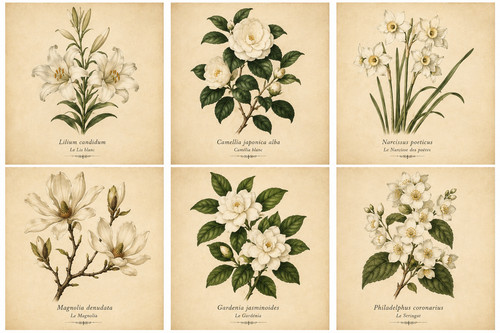 White botanical prints set - 4.,