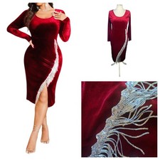 Burgundy Coloured Dress Size 16 (0XL) Velvet Split Thigh  Sequin Fringe NEW NWOT