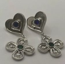 Rhodium Plated Dangle Earrings- Heart Detail 