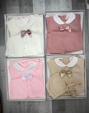 NEWBORN BABY GIRL SPANISH KNITTED OUTFIT GIRLS PINK WHITE BOXED PRAM GIFT SET