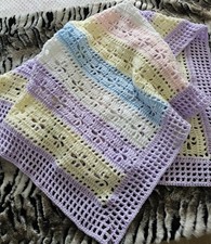 LOVELY HAND MADE BABY BLANKET /PASTEL COLOURS / QUALITY SOFT YARN/BARGAIN