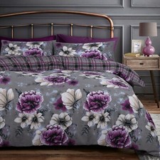 Cassia Purple Floral Bedding Plaid Check Duvet Cover & Pillowcase Set