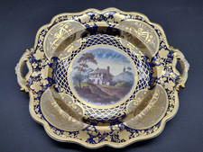 Ridgway Twin-Handled Porcelain Plate, Cobalt Blue, Gilt and Landscape circa 1825