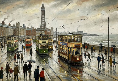 Blackpool prom and - prom, trams