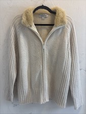 Carolyn Taylor Y2K Cream Faux Fur Collar Zip Sweater Women’s L Cozy Timeless