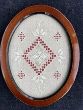 Vintage Handmade Lefkara Embroidered Lace Oval Framed Wall Hanging, Cottagecore